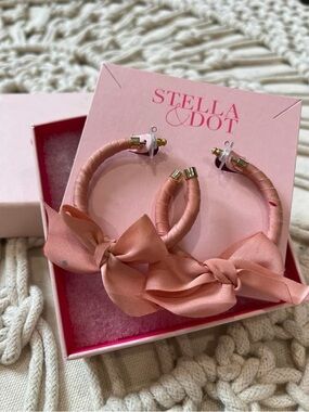 Stella & Dot Scarf Tie Hoops Pink Satin Ribbon Bow Hoop Earrings NIB